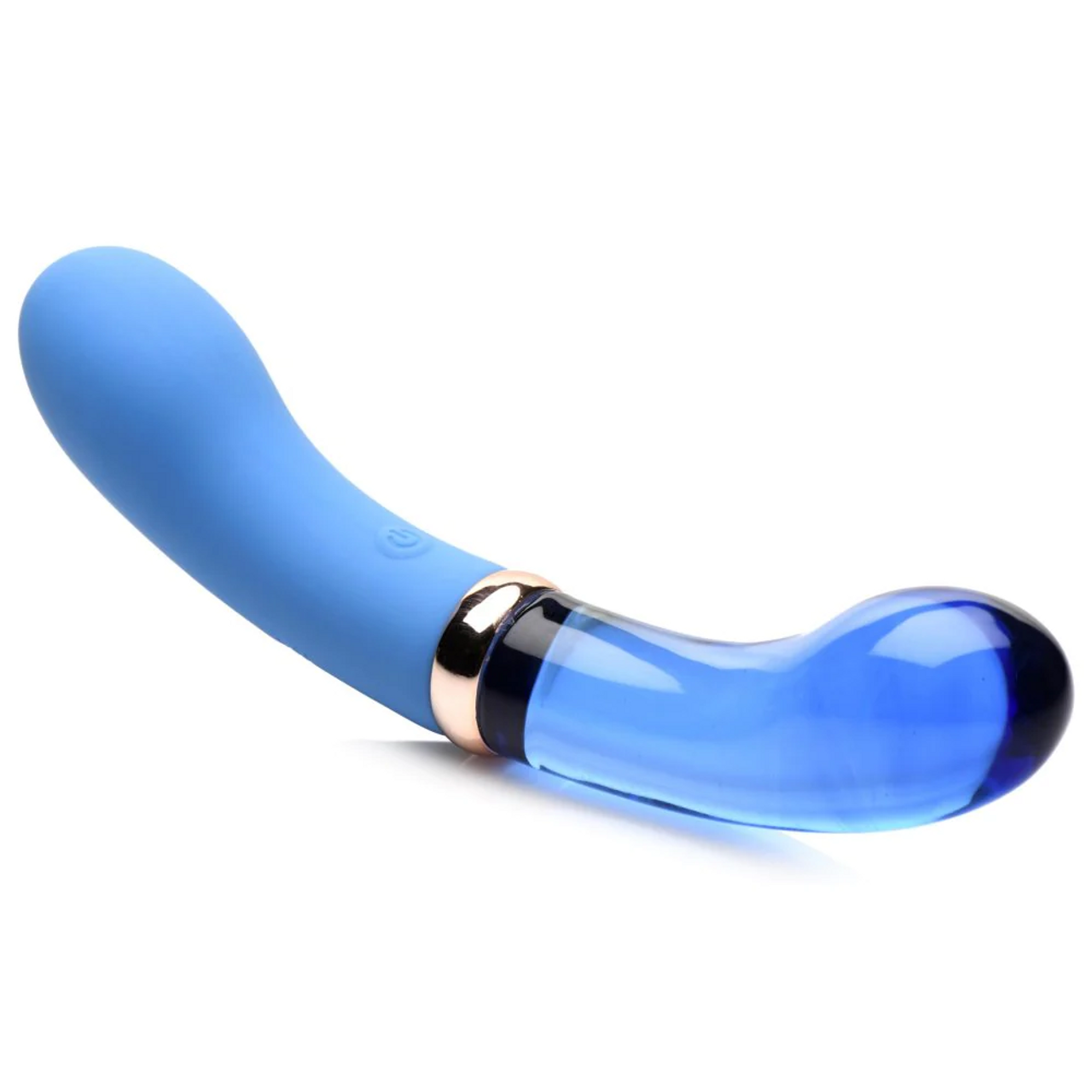The '10X Bleu Dual Ended Glass Vibe', featuring a blue silicone handle