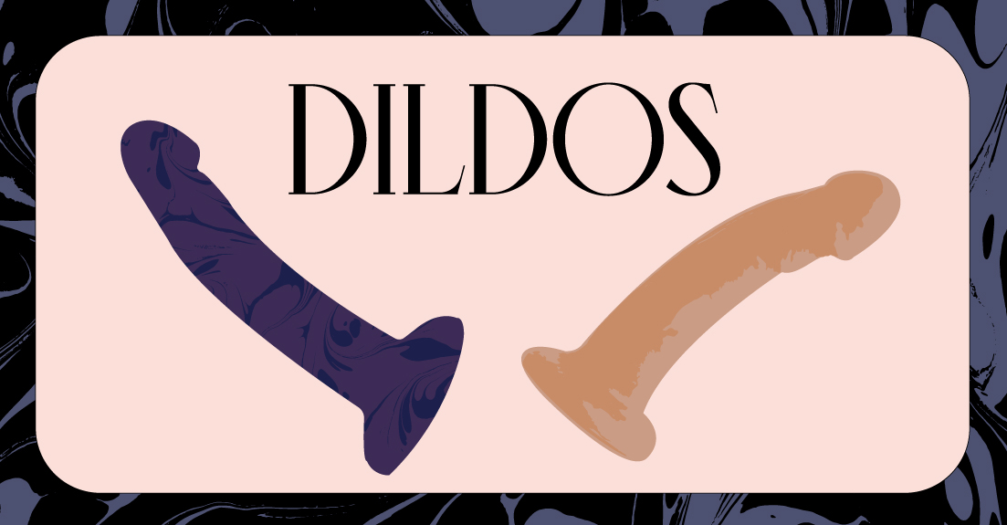 Illustration with purple dildo sex toy and realistic skin tone dildo sex toy "Dildos"