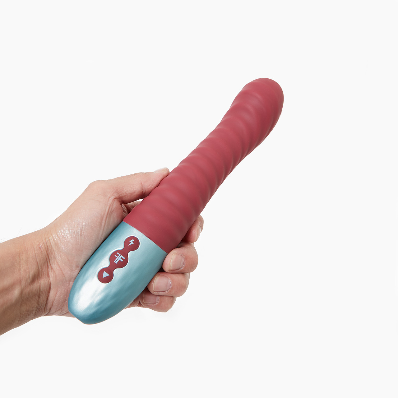 The 'Lola G G-spot Vibrator', a curved silicone toy, held in hand with a white backgroud