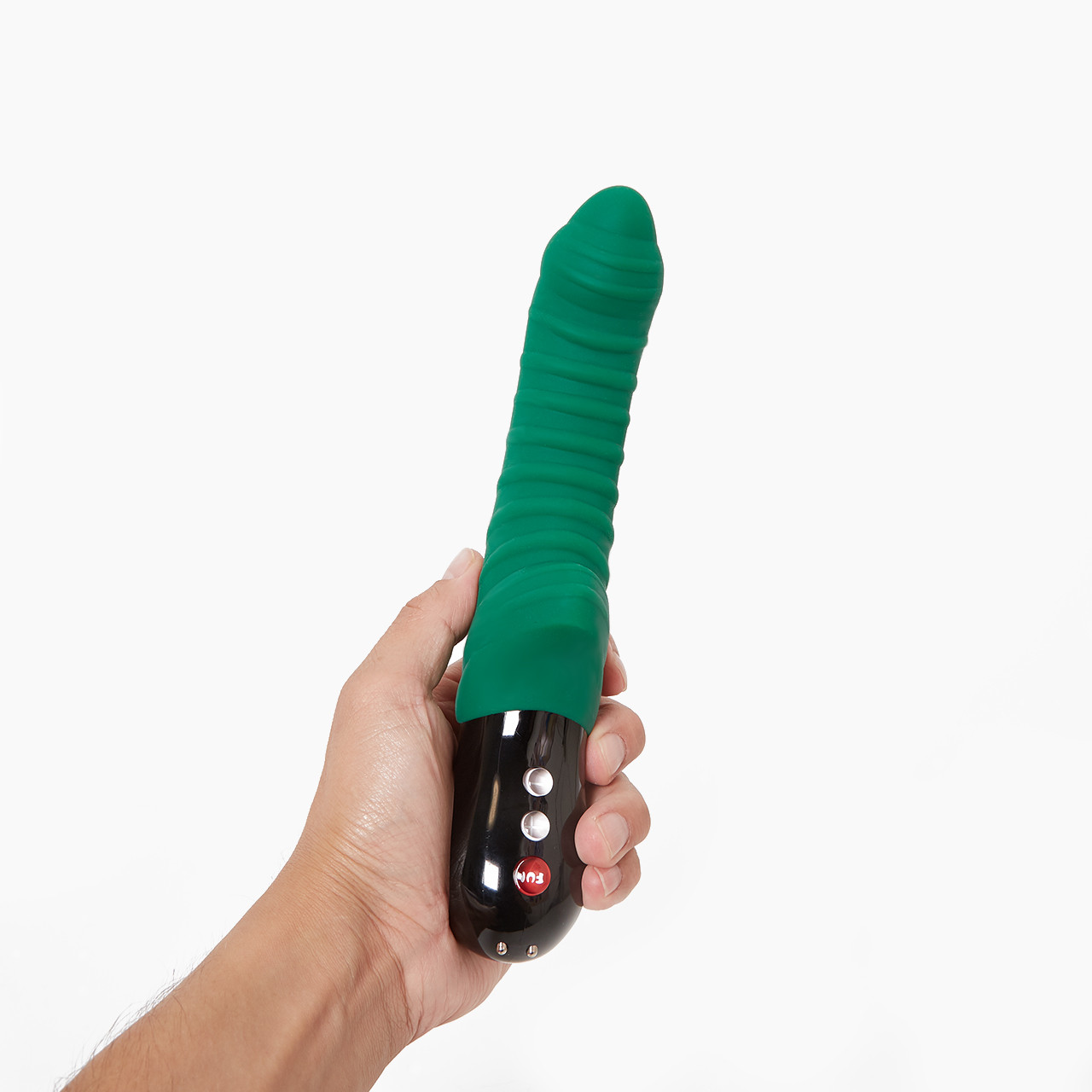 Hand holding the Fun Factory Tiger G5, a ridged green silicone vibrator