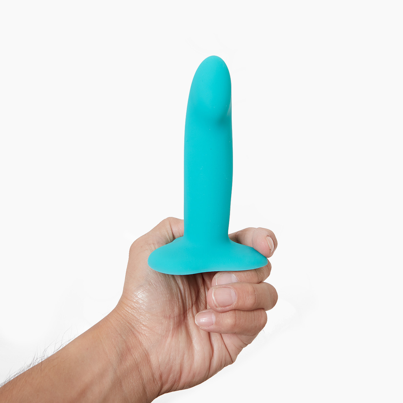 A hand displaying 'Fun Factory Limba Flex Small', a silicone dildo with a suction base