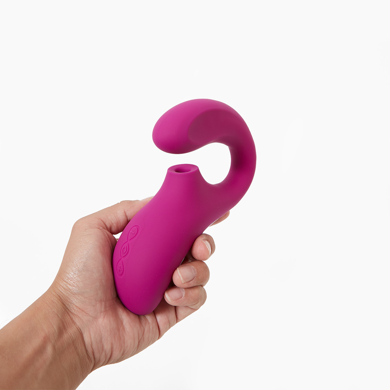 Lelo Enigma dual stimulating suction toy held in hand