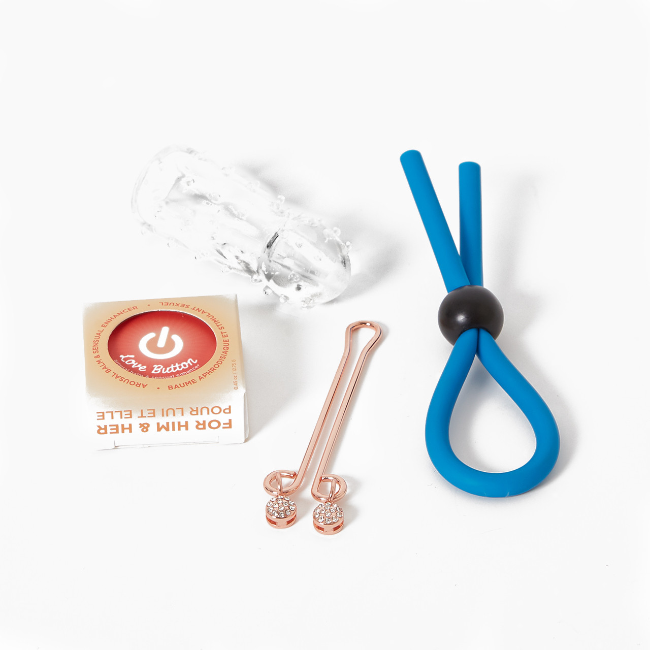 Love Lockdown Sex Toy Kit with lasso cock ring, clitoral clamp, arousal balm and finger sleeve