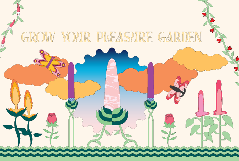 Illustration of a pleasure garden featuring stylized sex toys as plants, in a erotic landscape