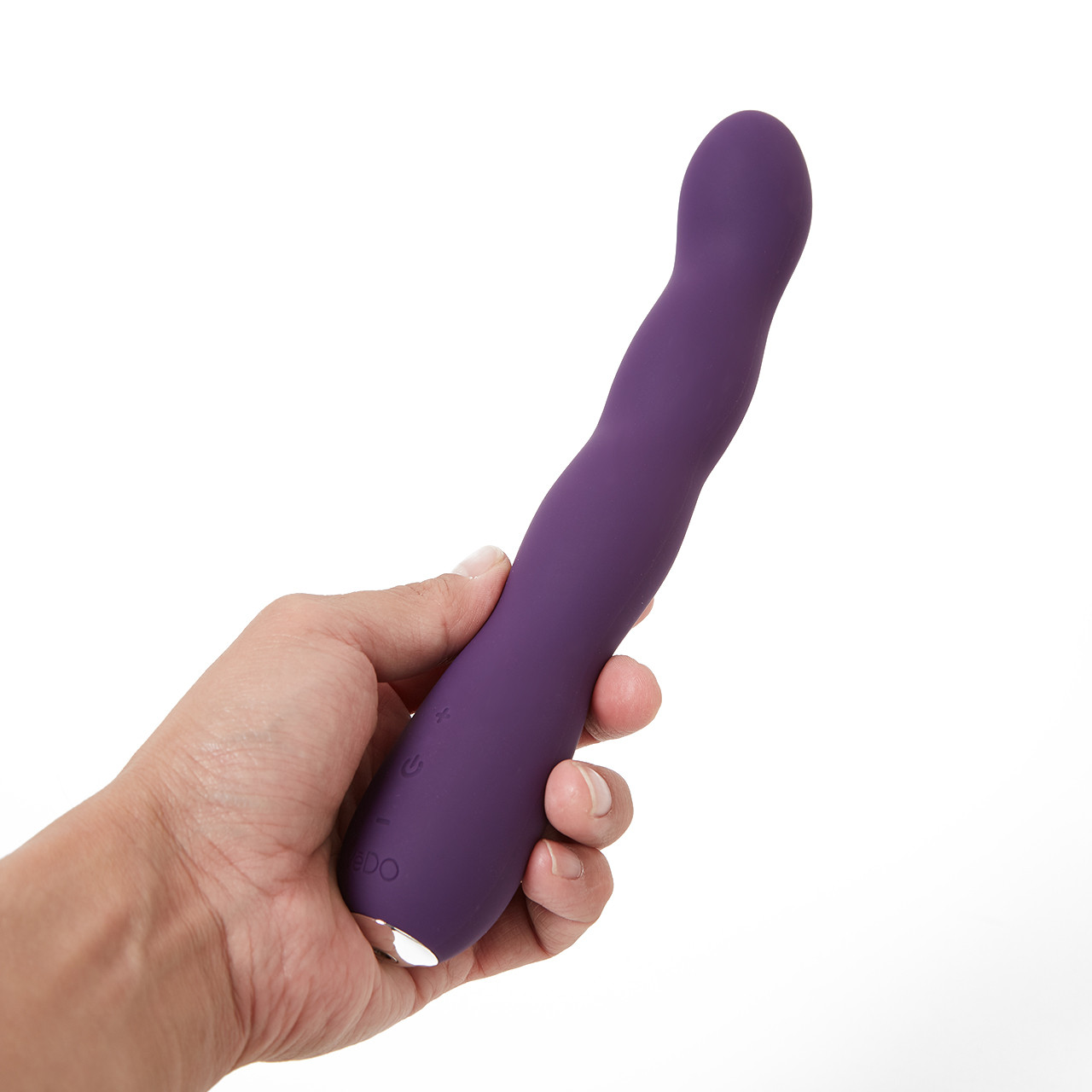 VeDo Quiver Plus Vibe', a slender deep purple vibrator held in a hand